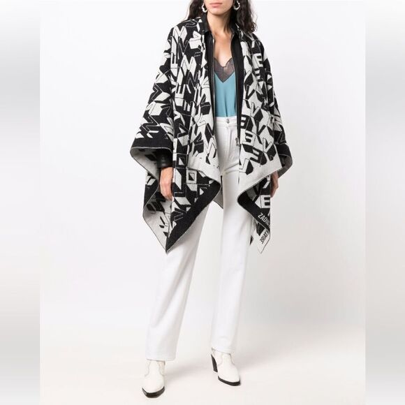 ZADIG & VOLTAIRE Elliot Love Wool-Blend Poncho - Black White LOGO - Picture 13 of 13